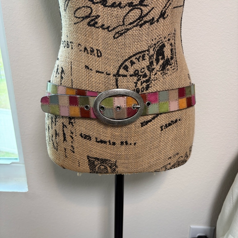 Vintage Fossil pastel & bright multicolor patchwork leather/suede belt Sz Medium - Picture 14 of 16
